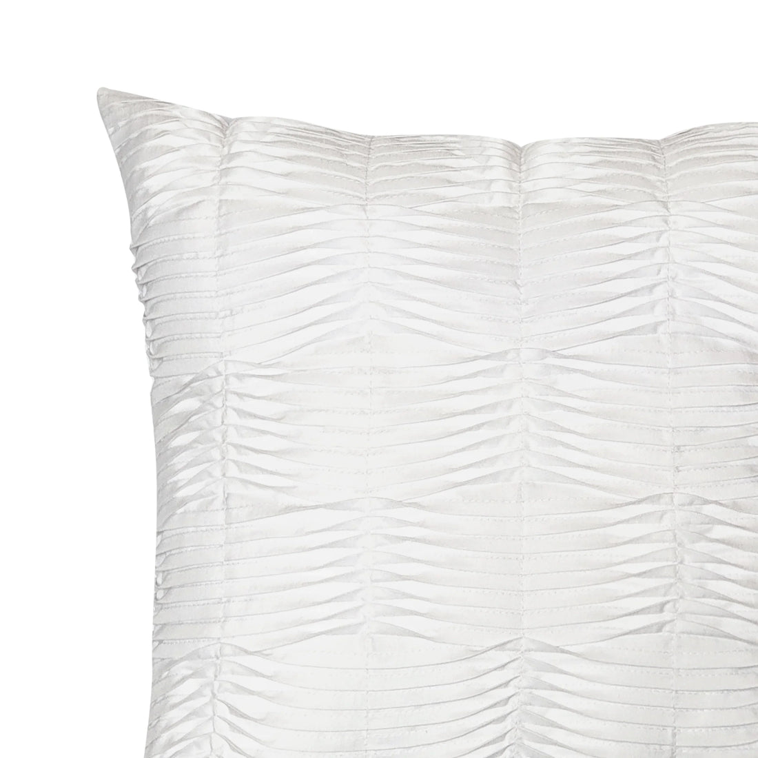 White decorative pillow with ruched, textured fabric design on plain background