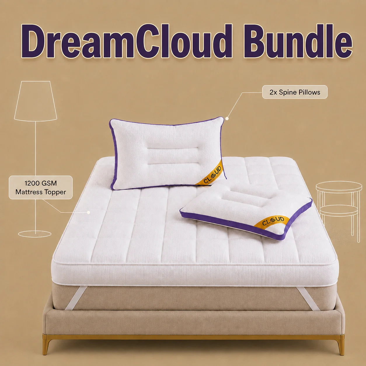 Dream Cloud Bundle 1200 GSM mattress topper with Spine Ease pillows