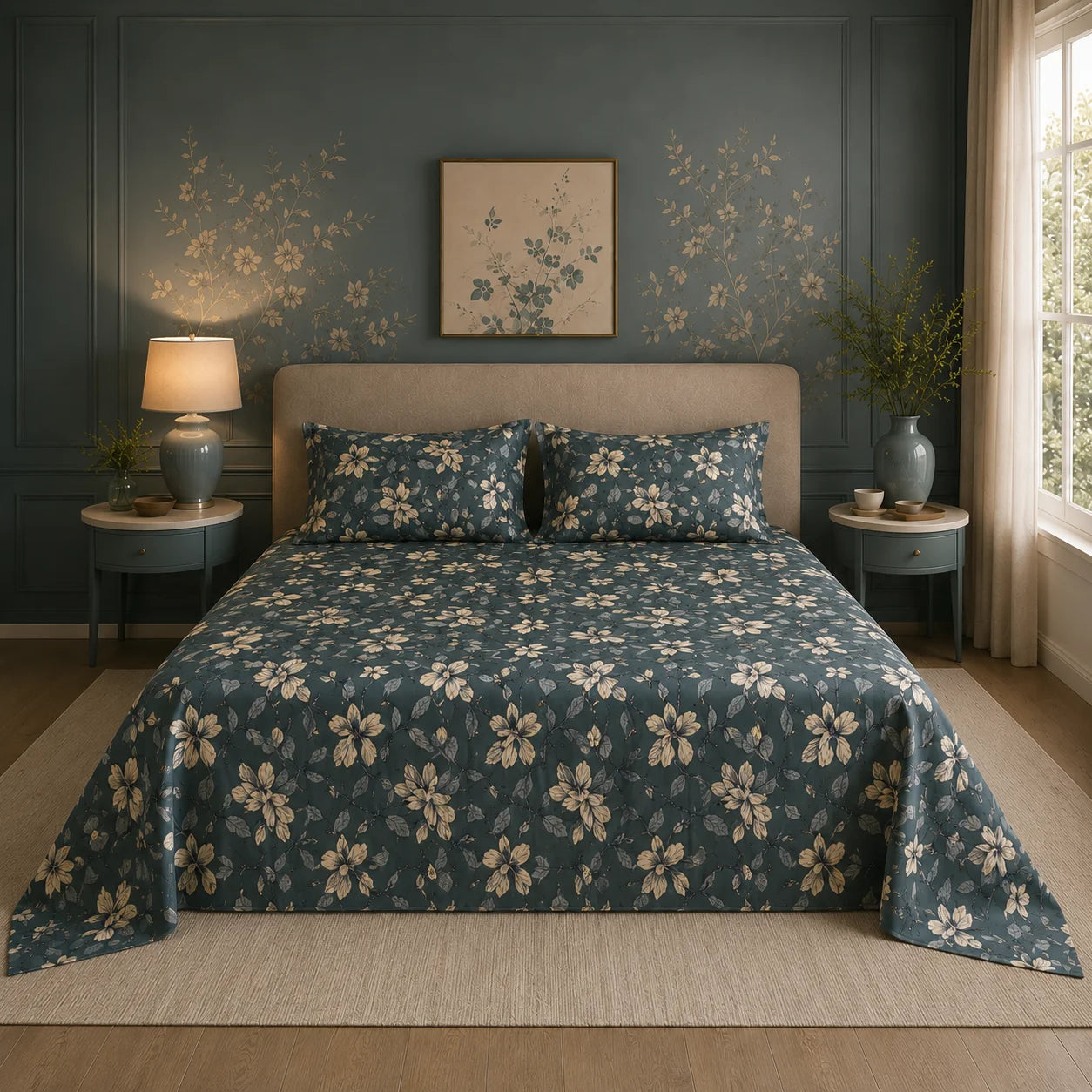 Teal Blossom Luxury Satin Bedsheet