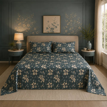 Teal Blossom Luxury Satin Bedsheet